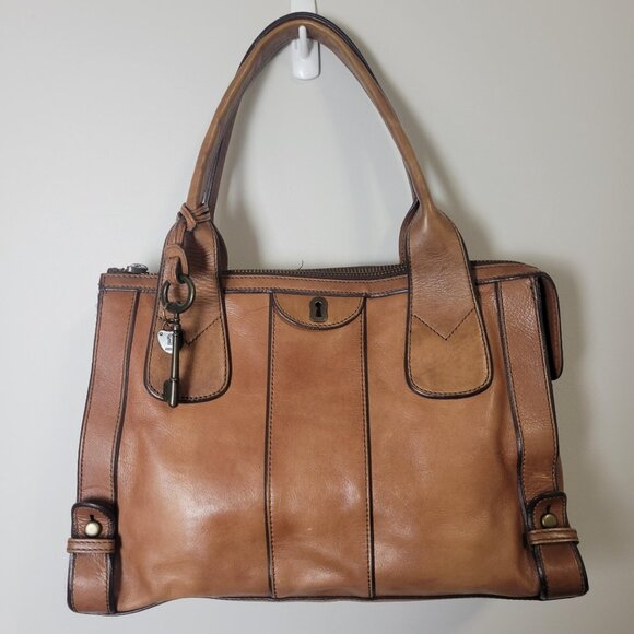 Vintage Fossil Reissue Large Satchel Handbag Camel Brown Leather With Charms - Picture 1 of 10